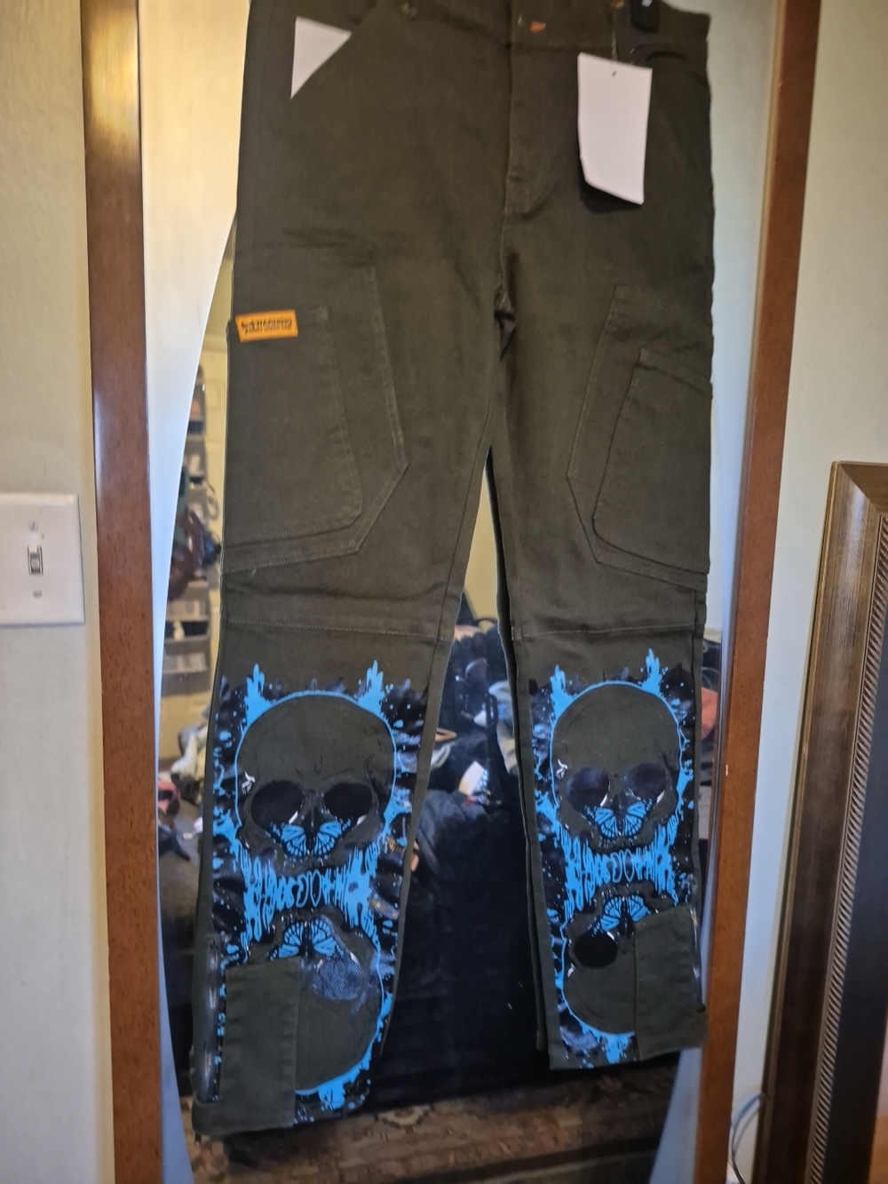 Olive Green Cargo Pants with Blue Skull Graphics